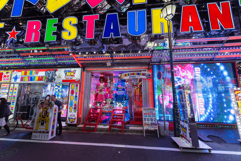 The robot restaurant in the streets of Kabukicho area in downtown Tokyo during the night. Kabukicho is an entertainment and red-light district in Shin